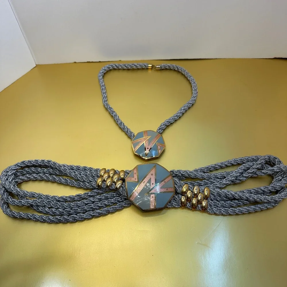 Vintage Art Deco Enamel Geometric Braided Rope Belt and‎ Necklace Set Grey Gold